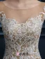 Luxury A-line Mermaid Square Neckline Backless Lace Champagne Tulle Evening Dress