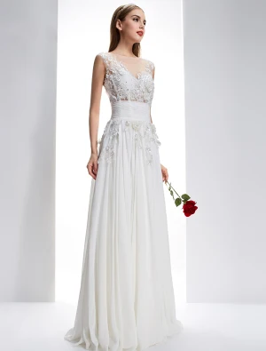 Exquisite A Line Square Neckline Pierced Lace Flowers Backless Chiffon Wedding Dress