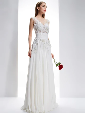 Exquise Ligne Encolure Percé Fleurs En Dentelle Carrée Robe De Mariée Dos Nu En Mousseline De Soie