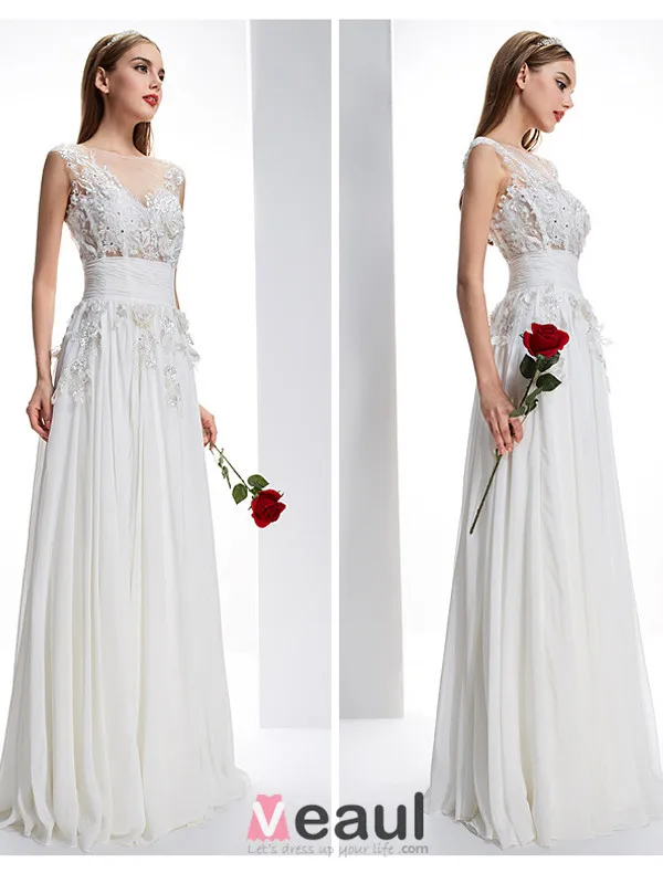 Exquise-ligne Encolure Percé Fleurs En Dentelle Carrée Robe De Mariée Dos Nu En Mousseline De Soie