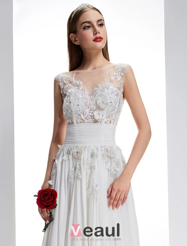 Exquise-ligne Encolure Percé Fleurs En Dentelle Carrée Robe De Mariée Dos Nu En Mousseline De Soie