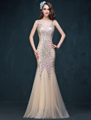 Glitter Trąbka Mermaid Linkę Serek Rhinestone Backless Szampana Suknia Wieczorowa Sukienka Na Studniówkę