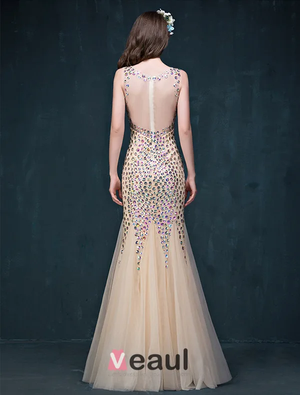Glitter Trumpet / Mermaid V-neck Beading Rhinestone Backless Champagne Evening Dress/ Prom Dress