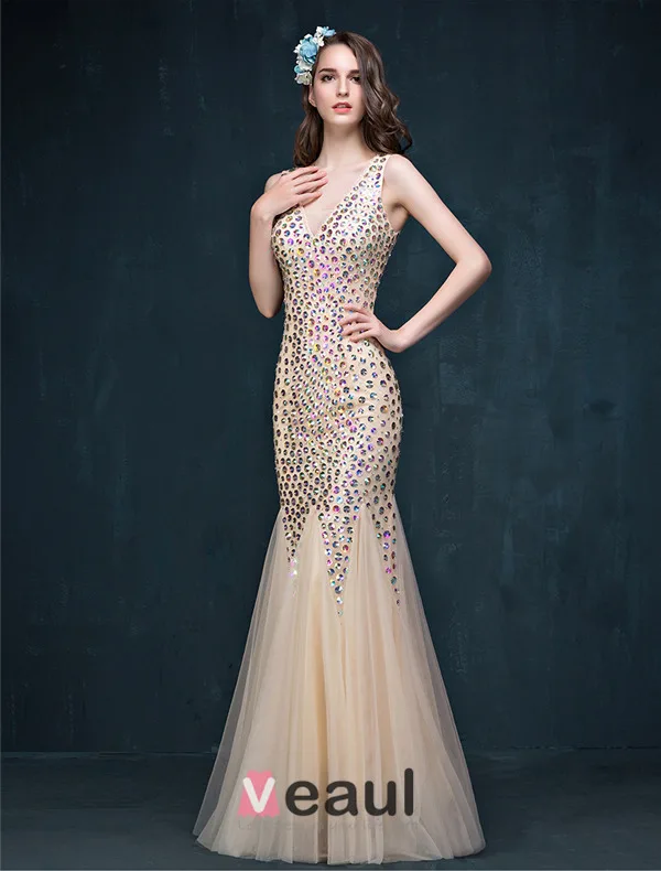 Glitter Trumpet / Mermaid V-neck Beading Rhinestone Backless Champagne Evening Dress/ Prom Dress