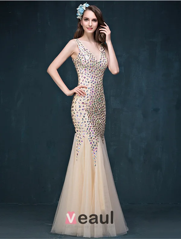 Glitter Trumpet / Mermaid V-neck Beading Rhinestone Backless Champagne Evening Dress/ Prom Dress