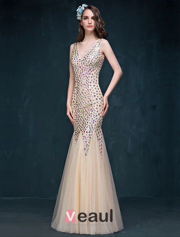 Glitter Trumpet / Mermaid V-neck Beading Rhinestone Backless Champagne Evening Dress/ Prom Dress
