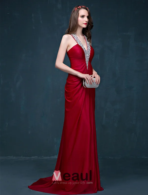 A-line Beading Paljetter Grimma V-ringad Backless Rufsa Charmeuse Aftonklänning