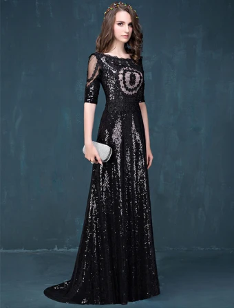 Empire Square Neckline Lace Flowers Black Sequins Evening Dress