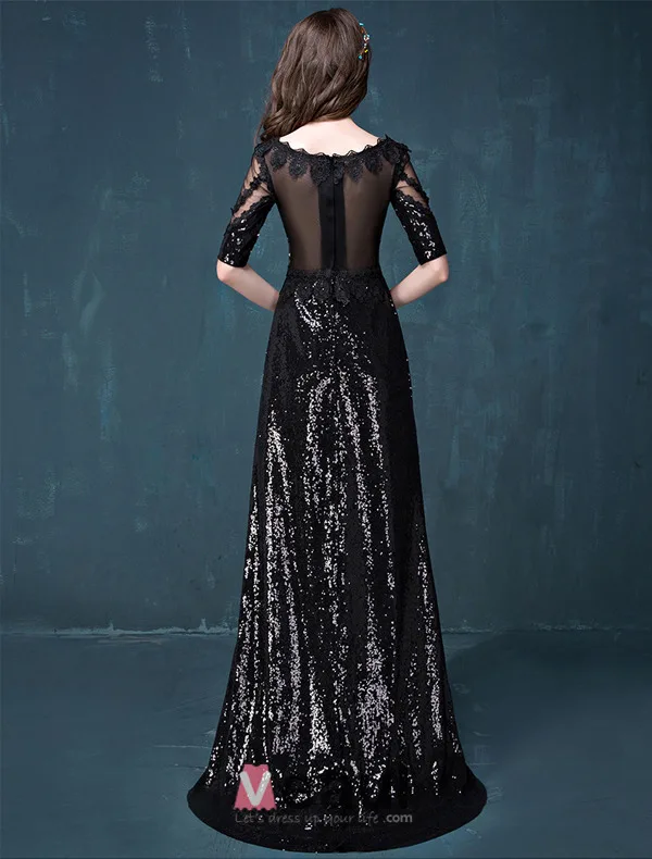 Empire Square Neckline Lace Flowers Black Sequins Evening Dress