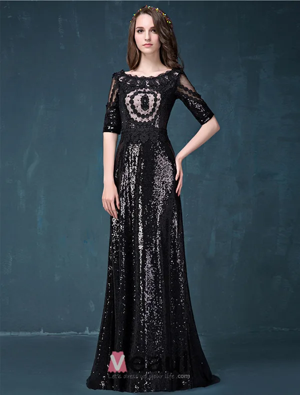 Empire Square Neckline Lace Flowers Black Sequins Evening Dress