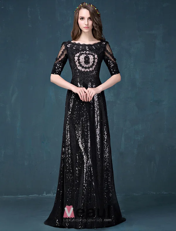 Empire Square Neckline Lace Flowers Black Sequins Evening Dress