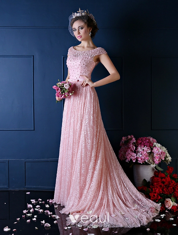 Luxury A-line Square Neckline Beading Pearl Silk Lace Pink Evening Dress