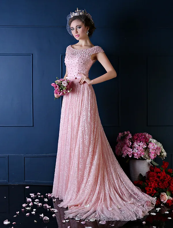 Luxus-a-line Quadratischen Ausschnitt Sicke Perle Seide Spitze Rosa Abendkleid