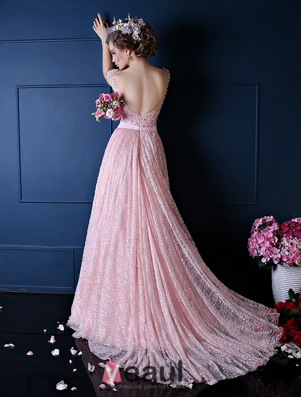 Luxury A-line Square Neckline Beading Pearl Silk Lace Pink Evening Dress