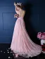 Luxury A-line Square Neckline Beading Pearl Silk Lace Pink Evening Dress