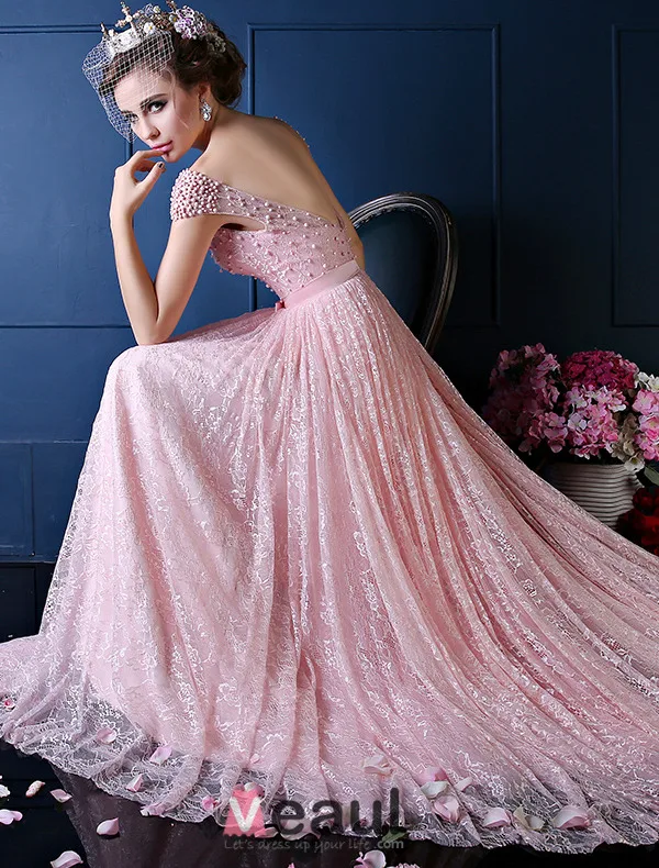 Luxury A-line Square Neckline Beading Pearl Silk Lace Pink Evening Dress