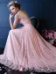 Luxury A-line Square Neckline Beading Pearl Silk Lace Pink Evening Dress