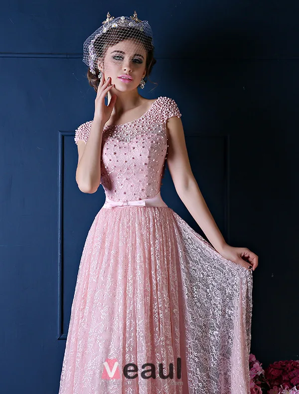 Luxury A-line Square Neckline Beading Pearl Silk Lace Pink Evening Dress
