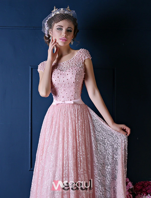 Luxury A-line Square Neckline Beading Pearl Silk Lace Pink Evening Dress