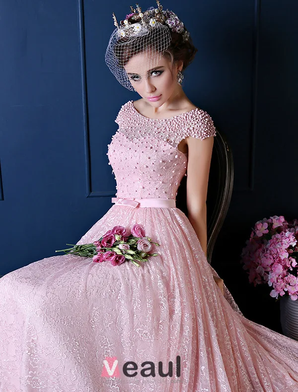 Luxury A-line Square Neckline Beading Pearl Silk Lace Pink Evening Dress