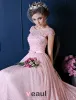 Luxus-a-line Quadratischen Ausschnitt Sicke Perle Seide Spitze Rosa Abendkleid