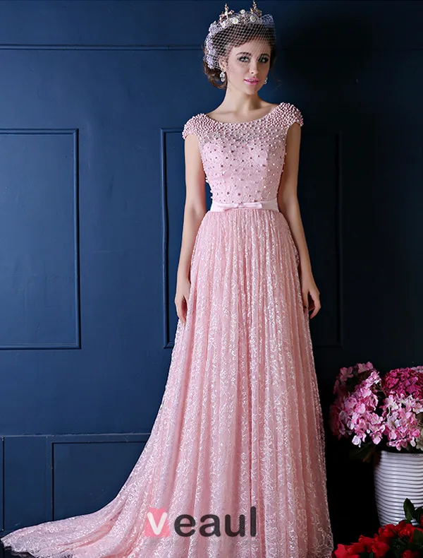 Luxury A-line Square Neckline Beading Pearl Silk Lace Pink Evening Dress