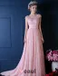 Luxury A-line Square Neckline Beading Pearl Silk Lace Pink Evening Dress