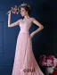 Luxury A-line Square Neckline Beading Pearl Silk Lace Pink Evening Dress