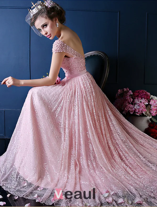 Luxury A-line Square Neckline Beading Pearl Silk Lace Pink Evening Dress
