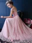 Luxury A-line Square Neckline Beading Pearl Silk Lace Pink Evening Dress