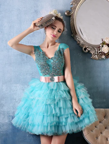 Glitter Empire Paillettes V Cou Appliques De Dentelle Ouvrant Piscine Courte En Tulle Bleu Robe De Cocktail