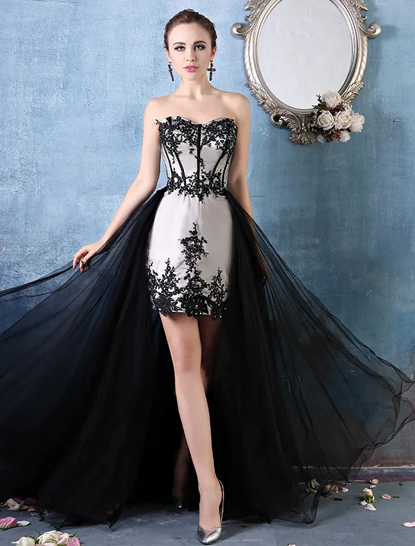 A-line Sweetheart Appliques Lace Detachable Train Asymmetrical Cocktail Dress