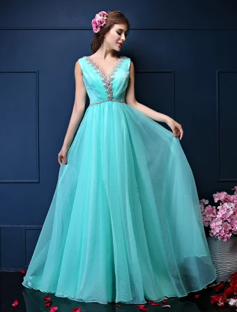 A Line Deep V Neck Beading Rhinestone Backless Pool Color Chiffon Evening Dress