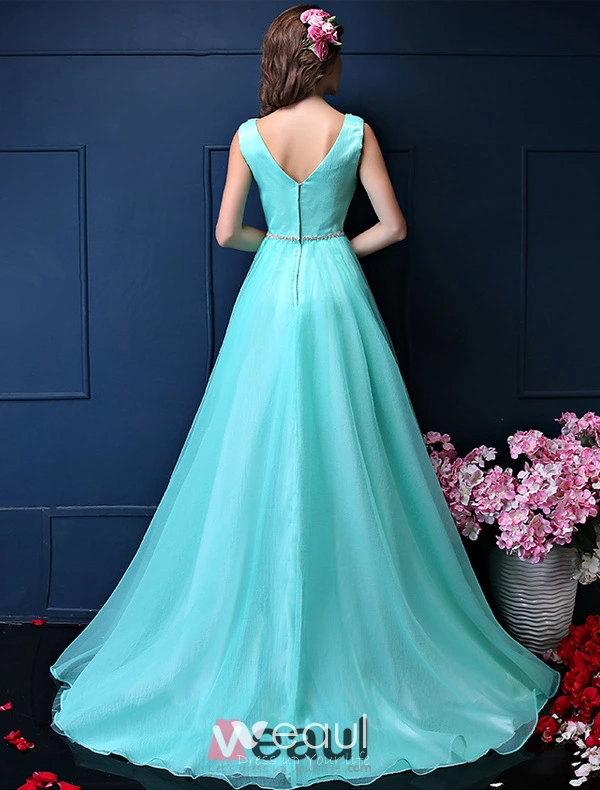 A line Deep V neck Beading Rhinestone Backless Pool Color Chiffon