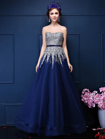 Scintiller Une Ligne De Paillettes Chérie Perlage Sash Robe De Bal En Organza Bleu Royal