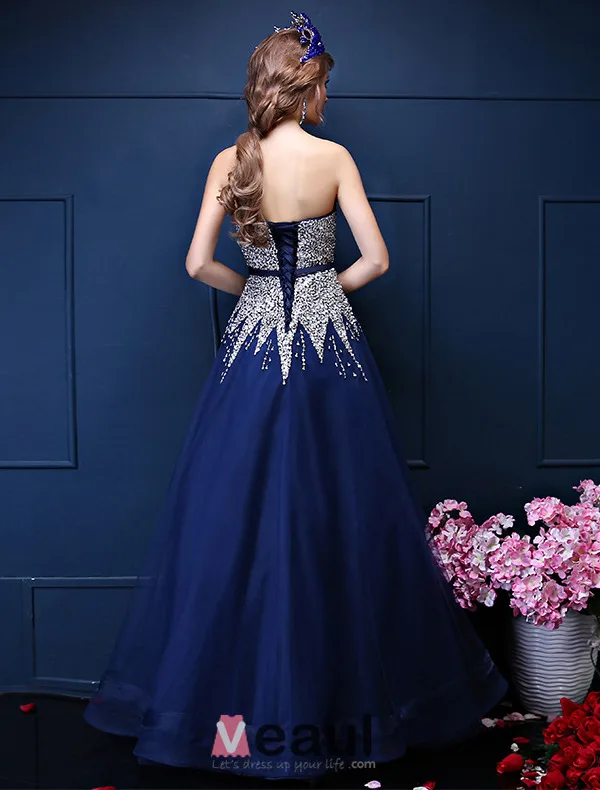 Glitter A-linje Kjæreste Beading Paljetter Ramma Royal Blue Organza Balljoler