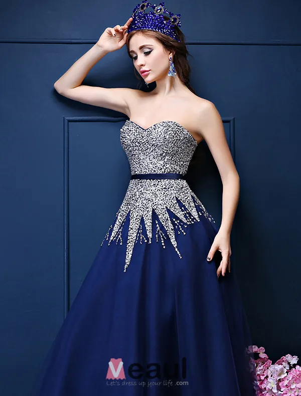 Glitter A-linje Kjæreste Beading Paljetter Ramma Royal Blue Organza Balljoler