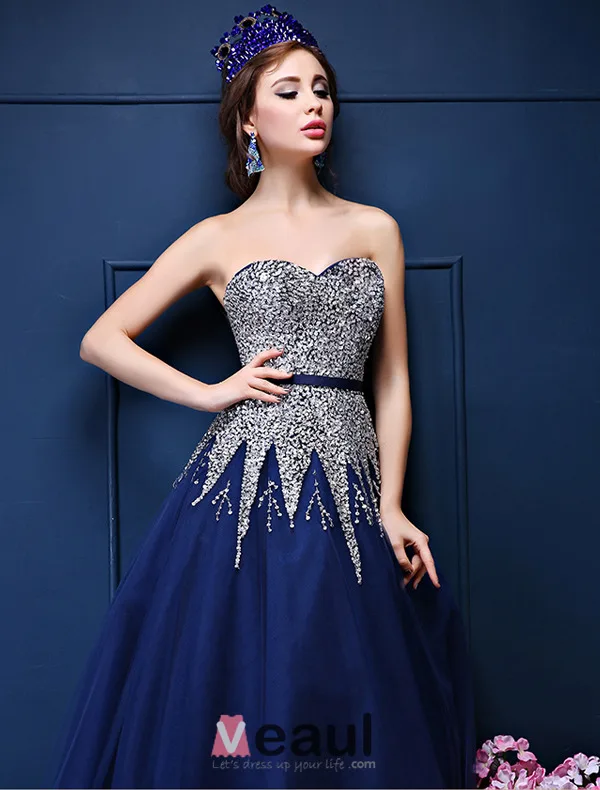 Glitter A-linje Kjæreste Beading Paljetter Ramma Royal Blue Organza Balljoler