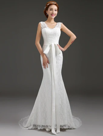 Sirène V Cou Perles Noeud Robe De Mariée En Dentelle Ceinture Dos Nu