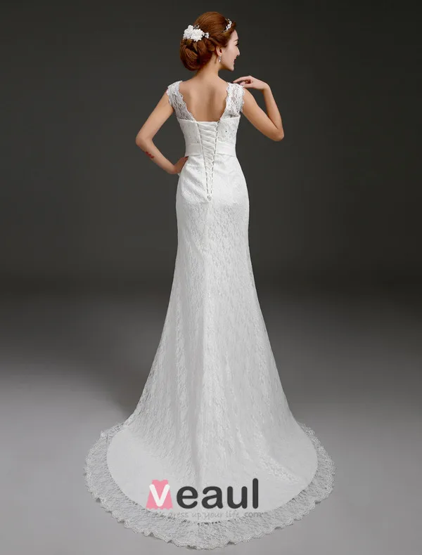 Mermaid V-neck Beading Bow Sash Backless Lace Wedding Dress