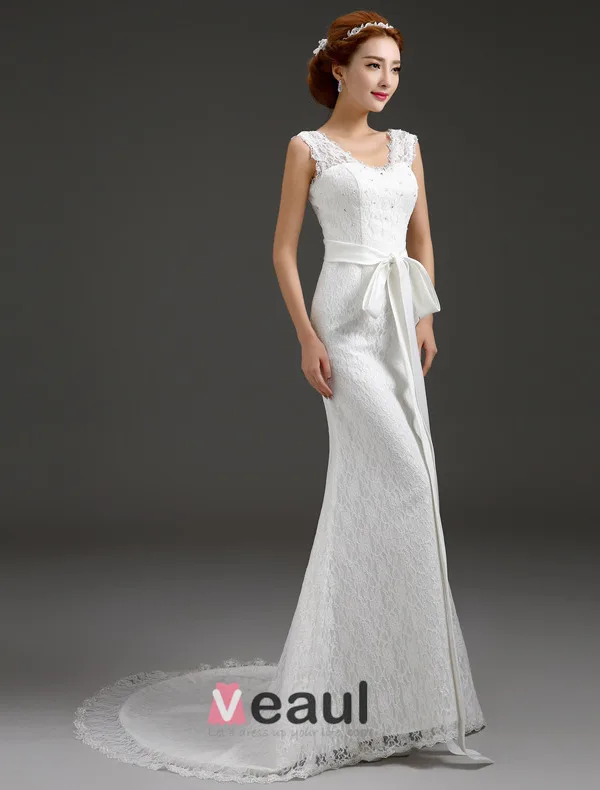 Mermaid V-neck Beading Bow Sash Backless Lace Wedding Dress