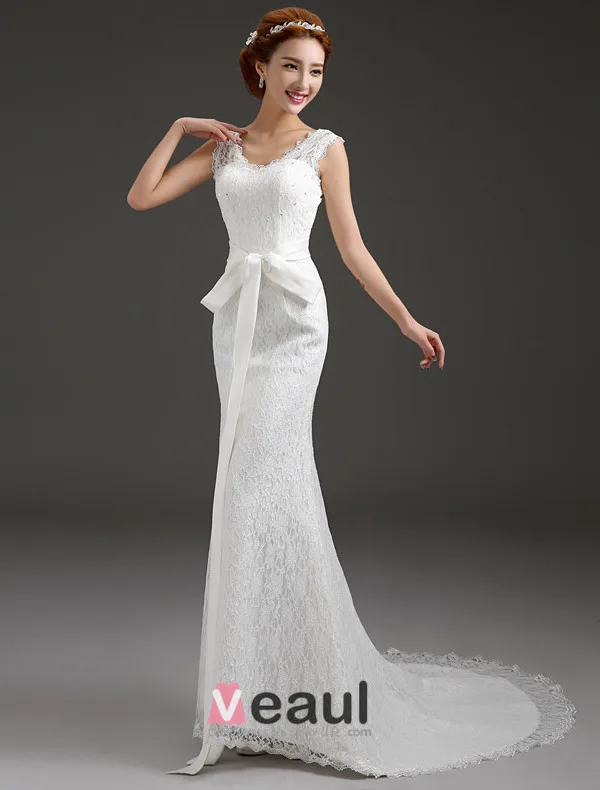 Mermaid V-neck Beading Bow Sash Backless Lace Wedding Dress