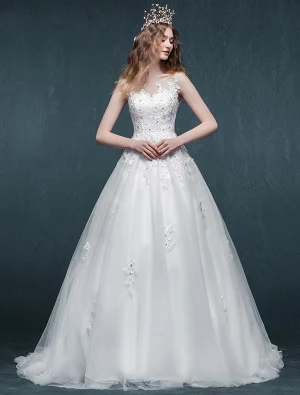 Une Ligne Appliques Carré Décolleté Dentelle Perles Strass Organza Robe De Mariée