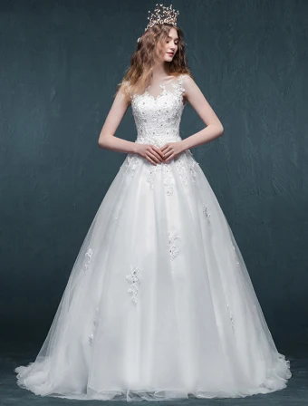 A Line Square Neckline Appliques Lace Beading Rhinestone Organza Wedding Dress