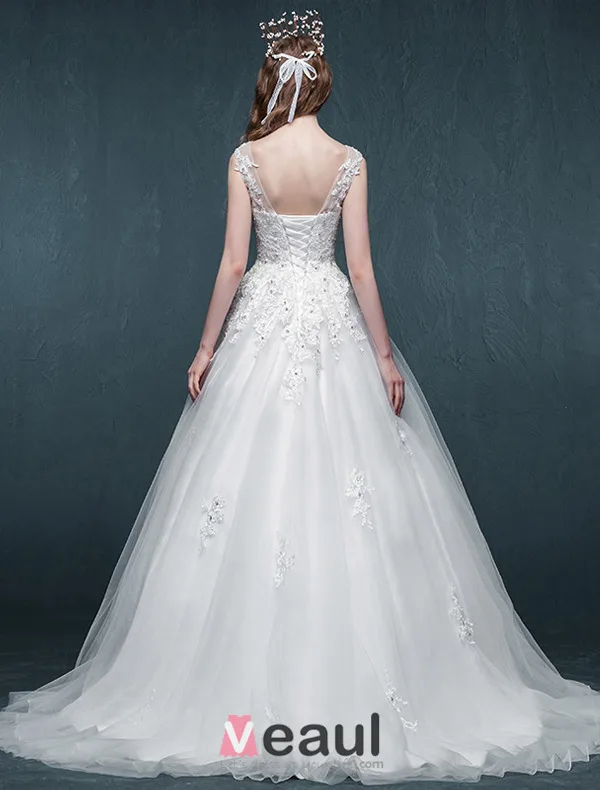 A-line Fyrkantig Ringning Applikationer Spets Beading Strass Organza Bröllopsklänning