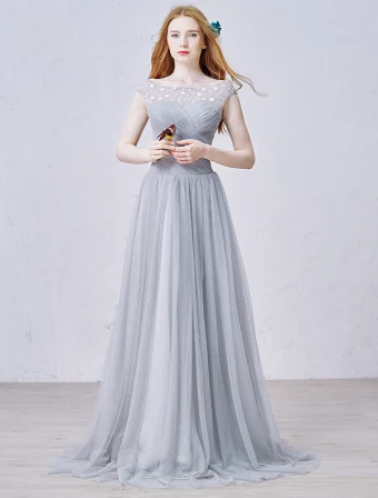 2015 A Line Lace Square Neckline Beading Ruffle Grey Tulle Evening Dress