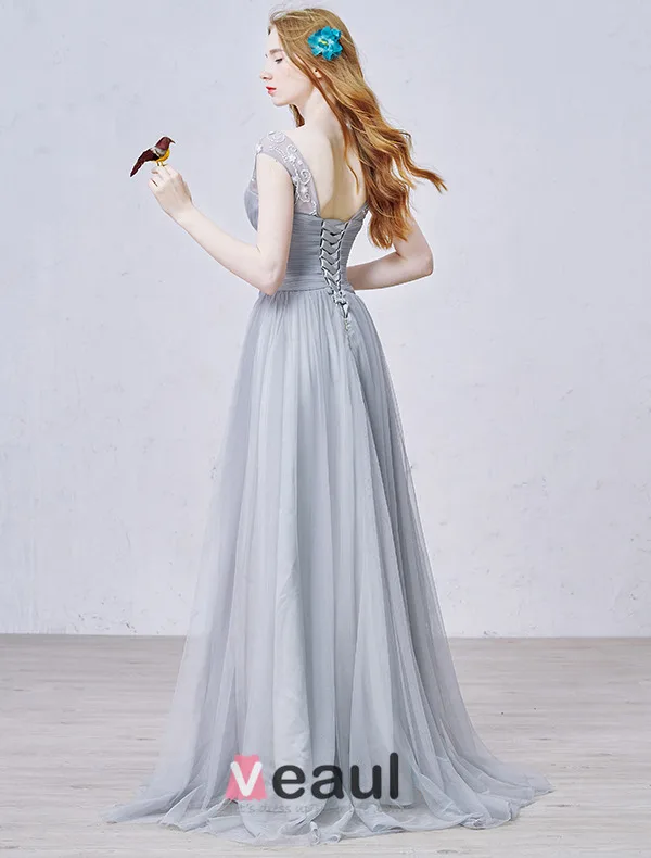 2015 A-line Lace Square Neckline Beading Ruffle Grey Tulle Evening Dress