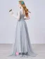 2015 A-line Lace Square Neckline Beading Ruffle Grey Tulle Evening Dress
