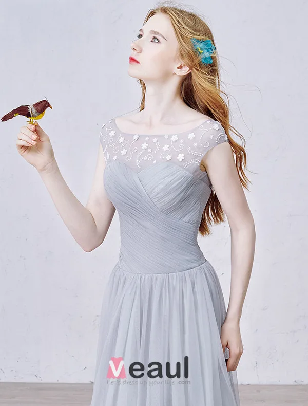 2015 A-line Lace Square Neckline Beading Ruffle Grey Tulle Evening Dress