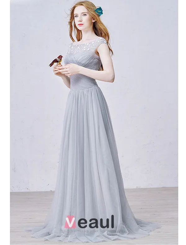 2015 A-line Lace Square Neckline Beading Ruffle Grey Tulle Evening Dress
